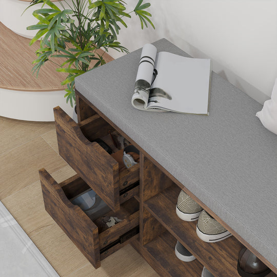 Upholstered Shoe Storage Bench w/ Seat, Entrance Bench w/ Drawer Open Shelves and Pocket for Hallway, Rustic Brown