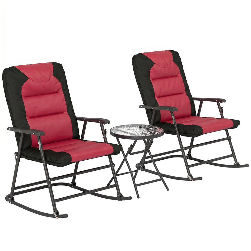 3pc Patio Foldable Rocking Chair Set, Outdoor Rocking Chairs and Table Bistro Set w/ Padded Seat, Headrest, Backrest for park, backyard, garden, Red