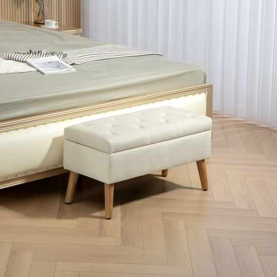 Storage Ottoman with Lid, Velvet Upholstered Storage Bench with Wood Legs for Living Room, Cream White