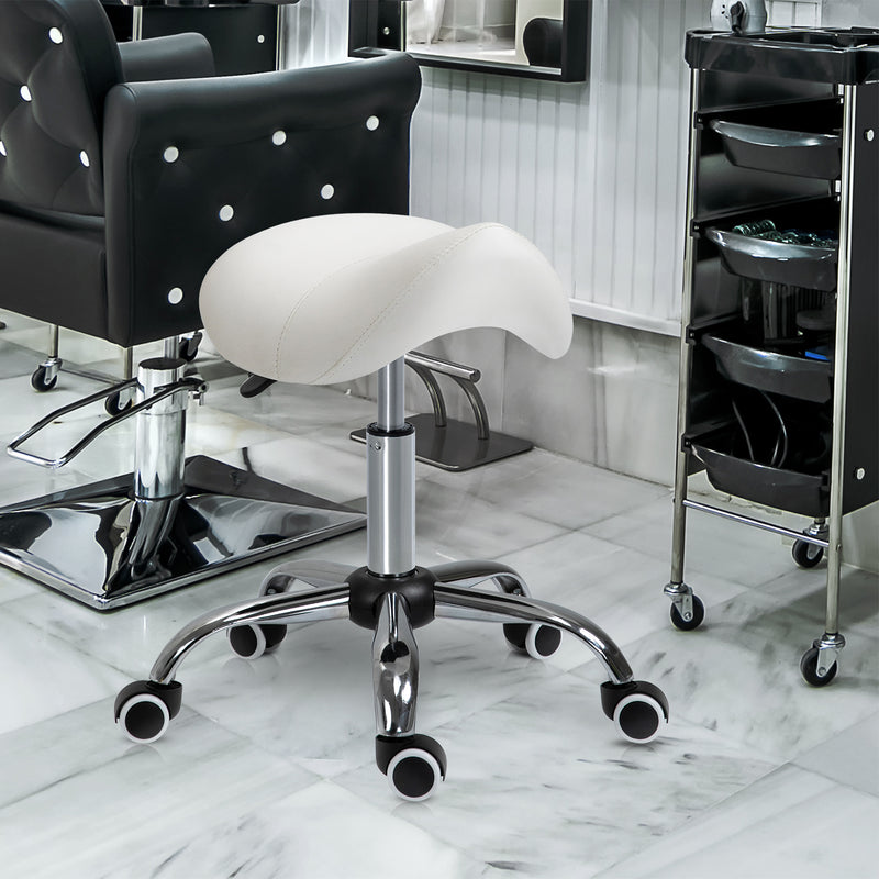 Cosmetic Stool 360° Rotate Height Adjustable Salon Massage Spa Chair Hydraulic Rolling Faux Leather Saddle Stool Mobility, Cream White