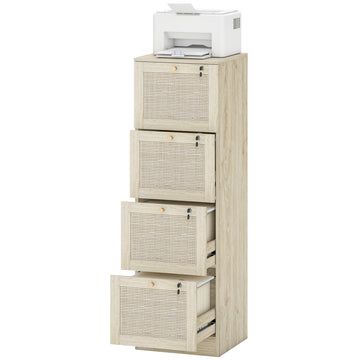 4 Drawer Filing Cabinet with Lock, Boho File Cabinet for A4 Letter Size Files with Decorative Rattan Accents, Oak