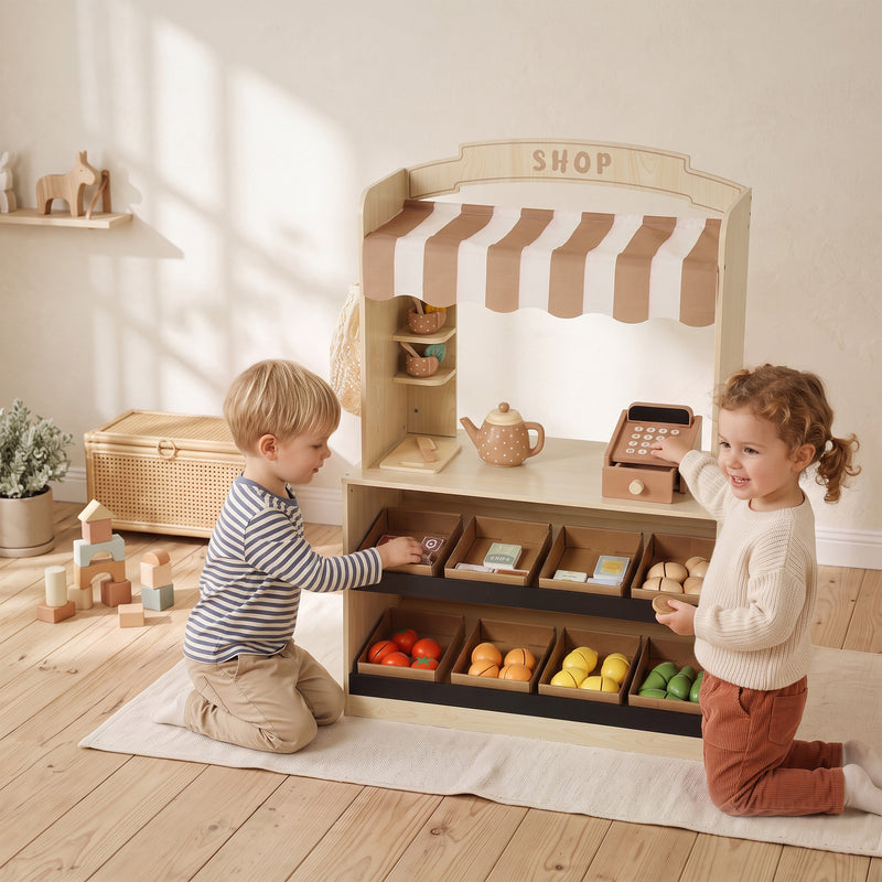 Wooden Grocery Store Playset Pretend Play with Play Food, Cash Register, Chalkboard, 61 Accessories for Boys & Girls 3-8