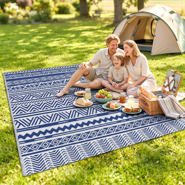 Reversible Outdoor Rug, Patio Floor Mat, 6' x 9' Plastic Rug for Backyard, Deck, Beach, Camping, Dark Blue and White
