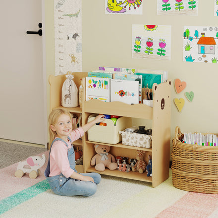 Kids Bookshelf and Toy Storage Organizer, 3 Tier Montessori Toy Organizer with Open Display for Nursery, Natural