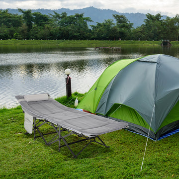 Folding Camping Cot with Mat & Pillow, Double Layer Oxford Heavy Duty Sleeping Cot with Carry Bag Light Grey