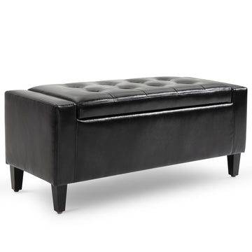 Storage Ottoman Bench, PU Leather Upholstered Bench with Tufted Design, Black