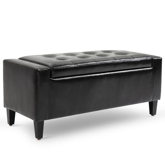 Storage Ottoman Bench, PU Leather Upholstered Bench with Tufted Design, Black