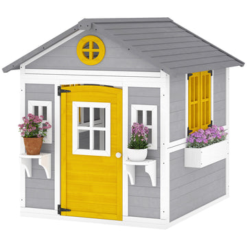 Wooden Playhouse for Kids Outdoor with Door, Windows, Planter Pots and Boxes for Toddlers 3-8 Years, Grey