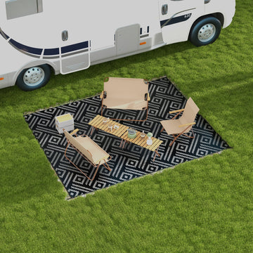 Reversible Outdoor Rug Waterproof Plastic Straw RV Rug with Carry Bag, 9' x 12', Black and Grey Geometric