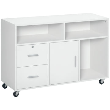 Lateral Filing Cabinet with Open Storage Shelf, Printer Stand Home Office Mobile File Cabinet with Wheels, Lockable Drawer, White