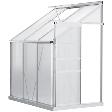 6' x 4' Aluminum Lean-to Greenhouse Polycarbonate Walk-in Garden Greenhouse with Adjustable Roof Vent, Rain Gutter and Sliding Door for Winter