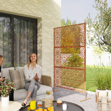 Decorative Outdoor Privacy Panel with Stand, Freestanding Metal Outdoor Divider for Garden, Backyard, Deck, Brown
