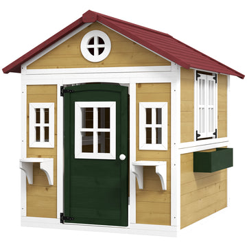Cabane de jeu extérieure en bois pour enfants de 3 à 8 ans, avec porte, fenêtres, jardinières et pots, style chalet de jardin, beige