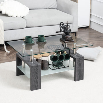 Rectangle Glass Coffee Table, 2-Tier Center Table with Tempered Glass Top and Storage Shelf for Living Room, Grey