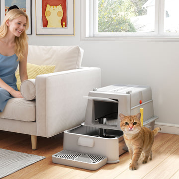 80L XL Stainless Steel Cat Litter Box for Big Cats with Flip Cover, Pull-Out Drawer Tray, High Sided, Pedal, Light Grey