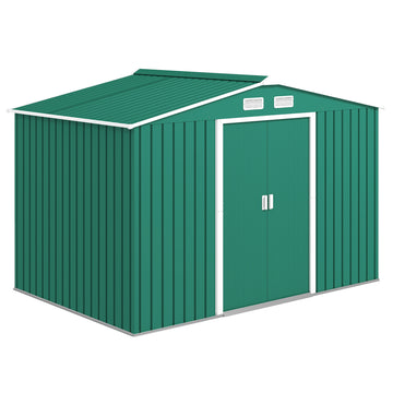 9.1'x6.4'x6.3' Garden Storage Shed w/ Foundation Kit Metal Tool Storage House w/ Double Doors, Green