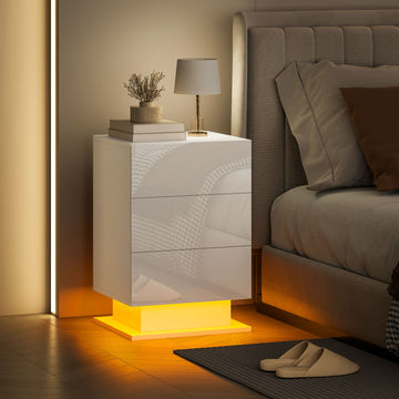Modern LED Nightstand Bedside Table with Adjustable Colour Lighting & 3 Drawers, APP Control, Glossy White