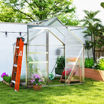 6' x 12' x 6.5' Walk-in Greenhouse, Polycarbonate Greenhouse with Adjustable Roof Vent, Base, Sliding Door, Silver