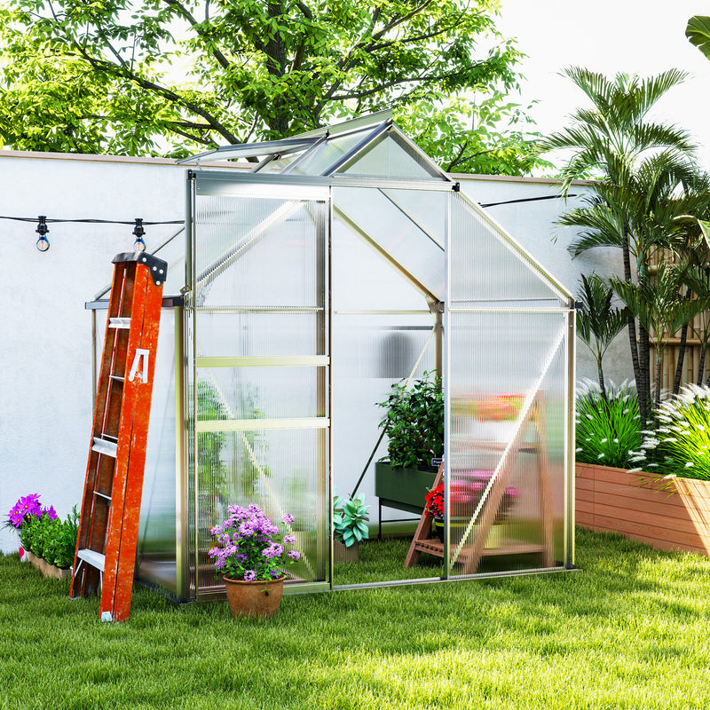 6' x 12' x 6.5' Walk-in Greenhouse, Polycarbonate Greenhouse with Adjustable Roof Vent, Base, Sliding Door, Silver