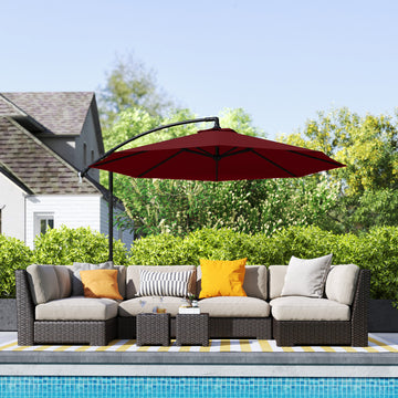 9.7ft Offset Patio Umbrella Garden Hanging Parasol Banana Cantilever Umbrella with Base, Crank, Wine Red