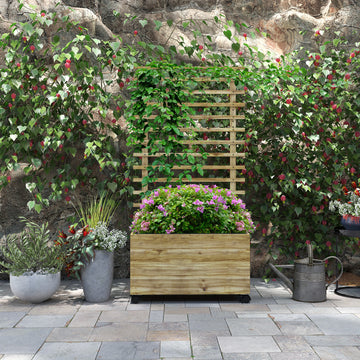 Wooden Planter with Trellis, Raised Garden Bed with 4 Wheels for Climbing Plants, 30