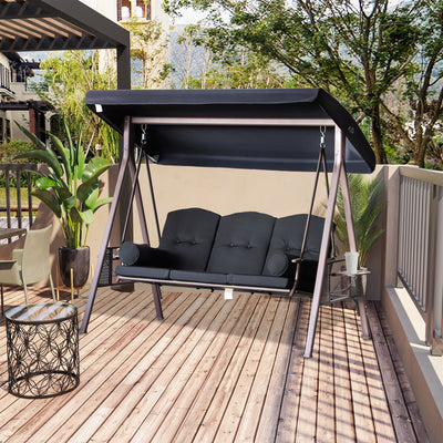 Balançoire de patio extérieur à 3 personnes en acier avec auvent, banc rembourré avec plateaux latéraux inclus et confort moelleux, noir