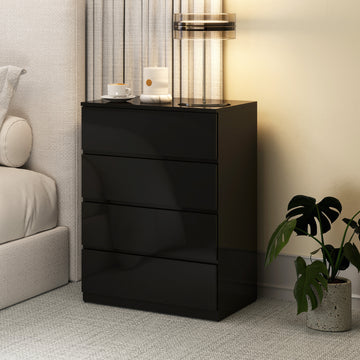 4 Drawer Cabinet, High Gloss Drawer Chest for Bedroom, Chest of Drawers with Metal Runners and Groove Handles, Black