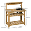 Outdoor Potting Bench Table with Faucet, Removable Sink, Hooks and Storage Shelves, Wood Work Bench Workstation for Greenhouse, Garden, Patio, Yellow