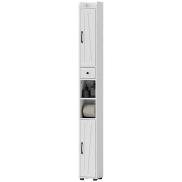Narrow Bathroom Cabinet, Tall Bathroom Storage Cabinet with Barn Doors, Drawer and Adjustable Shelves, Brown Wood Grain