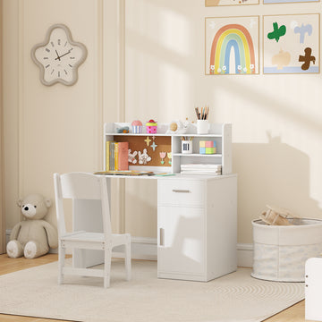 Qaba Kids Desk and Chair Set, Kids Study Table and Chair Set with Storage Hutch, Drawer, Cabinet, Compartments, Cork Board