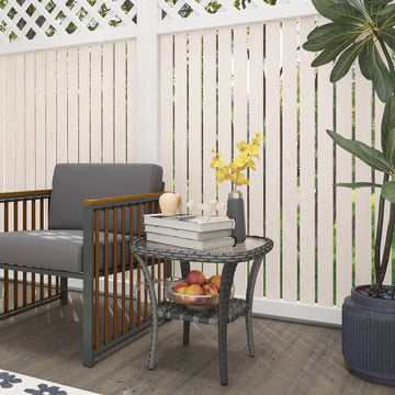 Outdoor Coffee Table with Storage Shelf, Hand-Woven Wicker Side Table with Water-Ripple Glass Top, Mix Grey