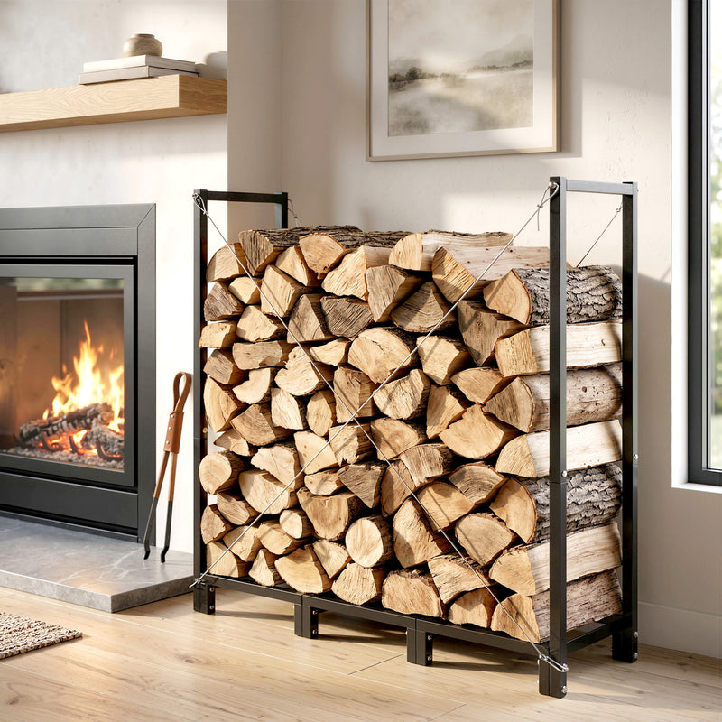 4 ft Firewood Rack with Customisable Width & Height, Cable Reinforcement, 616 lb Capacity Log Store Indoors, Black