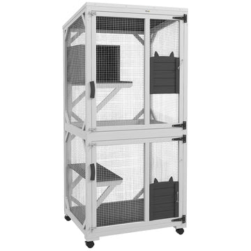 Catio extérieur surélevé, avec roues, boîte de repos, résistant à l'eau, multi-plateformes, blanc et gris