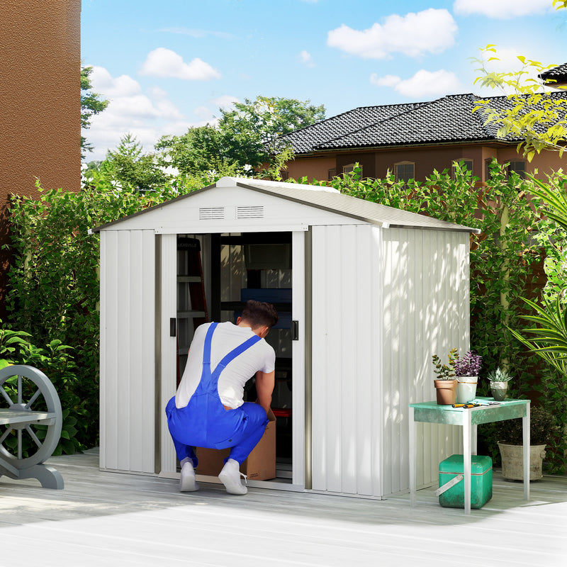 7' x 4' x 6' Garden Storage Shed Outdoor Patio Metal Tool Storage House w/ Foundation Kit and Double Doors, Silver