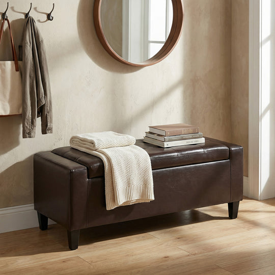 Storage Ottoman Bench, PU Leather Upholstered Bench with Tufted Design, Brown