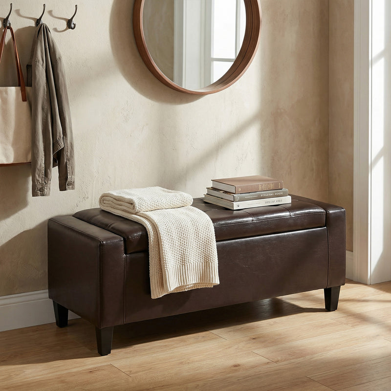 Storage Ottoman Bench, PU Leather Upholstered Bench with Tufted Design, Brown
