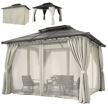 10' x 12' Outdoor Gazebo Canopy, Double Roof Hardtop Gazebo with Polycarbonate Roof, Steel Frame, Nettings and Curtains, for Garden, Lawn, Backyard and Deck, Beige
