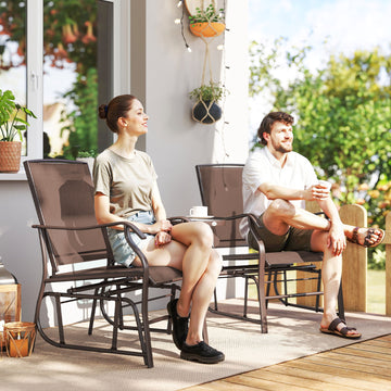 Double Patio Glider Chair with Glass Top Center Table, Outdoor Glider Loveseat with High Back,  All Weather Breathable Mesh Fabric for Garden, Backyard, Deck, Brown