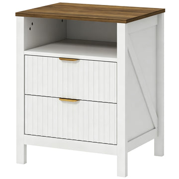 Modern Nightstand with 2 Fluted Drawers, Bedside Table with Open Storage Shelf, Anti-tipping Design, White and Walnut