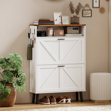 Shoe Storage Cabinet with 2 Flip Drawers, Farmhouse Narrow Shoe Cabinet, Holds Up to 16 Pairs, White