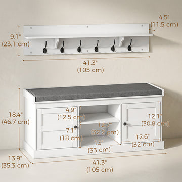 2 in 1 Coat Rack Shoe Bench Set with 6 Hooks and Shoe Storage Bench, White and Grey
