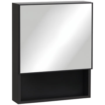 Bathroom Medicine Cabinet, Wall-Mounted Mirror Cabinet with Single Door, Storage Shelves and Stainless Steel Frame for Laundry Room, Black
