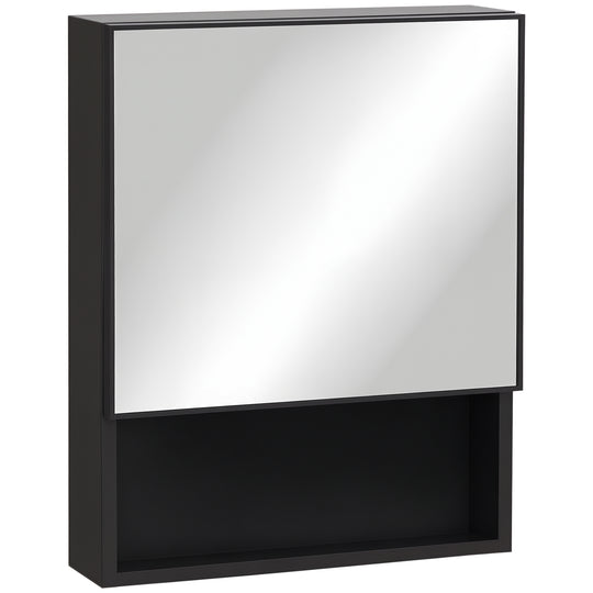 Bathroom Medicine Cabinet, Wall-Mounted Mirror Cabinet with Single Door, Storage Shelves and Stainless Steel Frame for Laundry Room, Black
