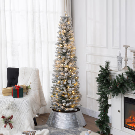 6ft Artificial Prelit Christmas Tree with Warm White LED Light, Snow Flocked Branches, Metal Base, Pencil Xmas Tree