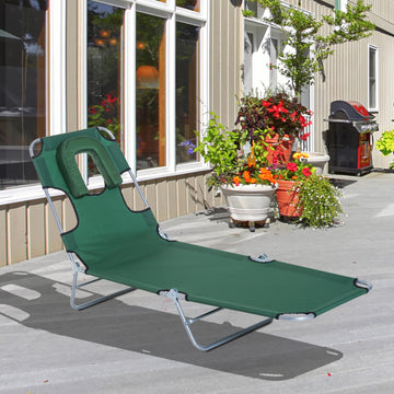 Outdoor Lounge Chair, Adjustable Folding Chaise Lounge with Face Cavity, Tanning Chair Sun Lounger Bed Recliner, Green