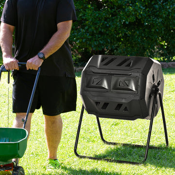 43 Gallon (160L) Tumbling Compost Bin Outdoor Dual Chamber 360° Rotating Composter with Sliding Doors, Solid Steel Frame and Gloves, Black