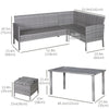5 Pieces Wicker Patio Conversation Dining Furniture Set with Cushions, Table and Ottomans, Bright Blue