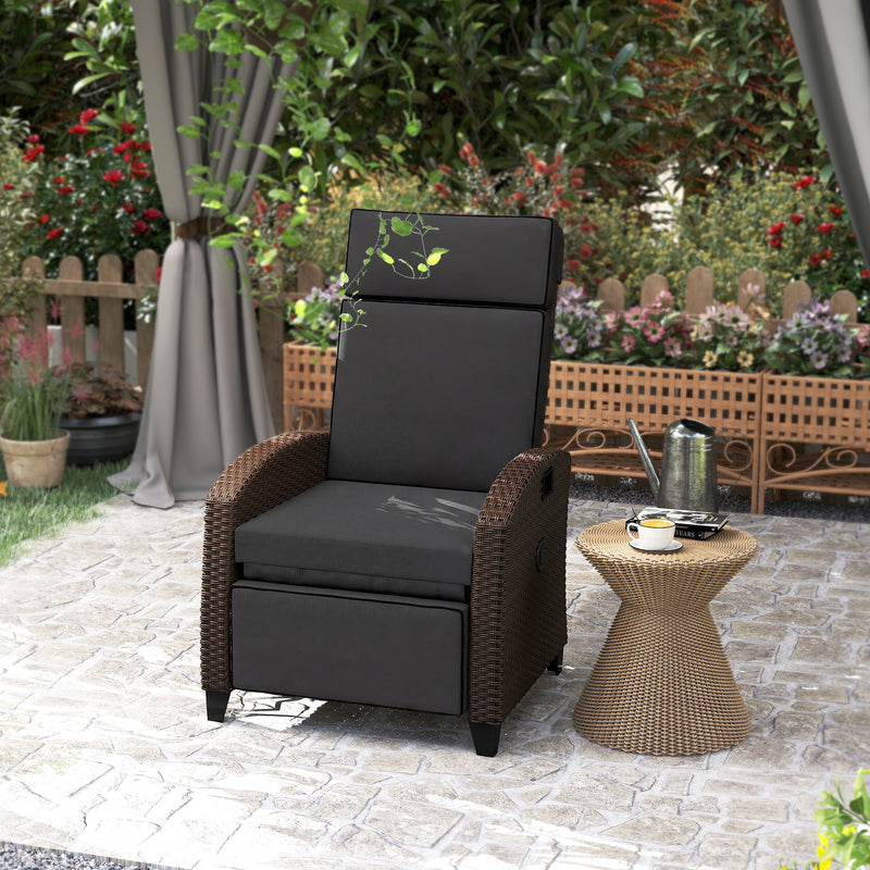 Wicker Recliner Chair with Adjustable Backrest and Footrest, Washable Cushion, Side Tray, Black