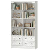 Bookshelf with 8 Cubbies and 4 Drawers, 5-Tier Double Wide Bookcase with Storage, Standing Book Cabinet, White