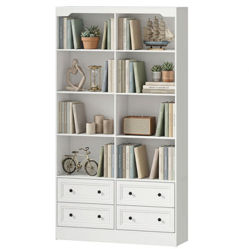 Bookshelf with 8 Cubbies and 4 Drawers, 5-Tier Double Wide Bookcase with Storage, Standing Book Cabinet, White